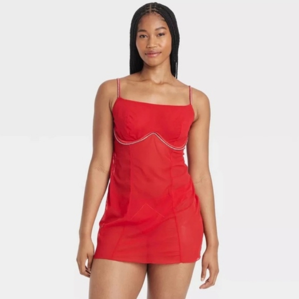 Auden NEW Red Sheer Rhinestone Trim Slip Size Large Lingerie Dress